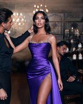 Vestidos de fiesta de sirena con abertura y sin mangas, largos y sexys, con purpurina morada